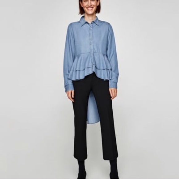 Zara Tops - Zara Chambray Frill Ruffle Denim Shirt Medium